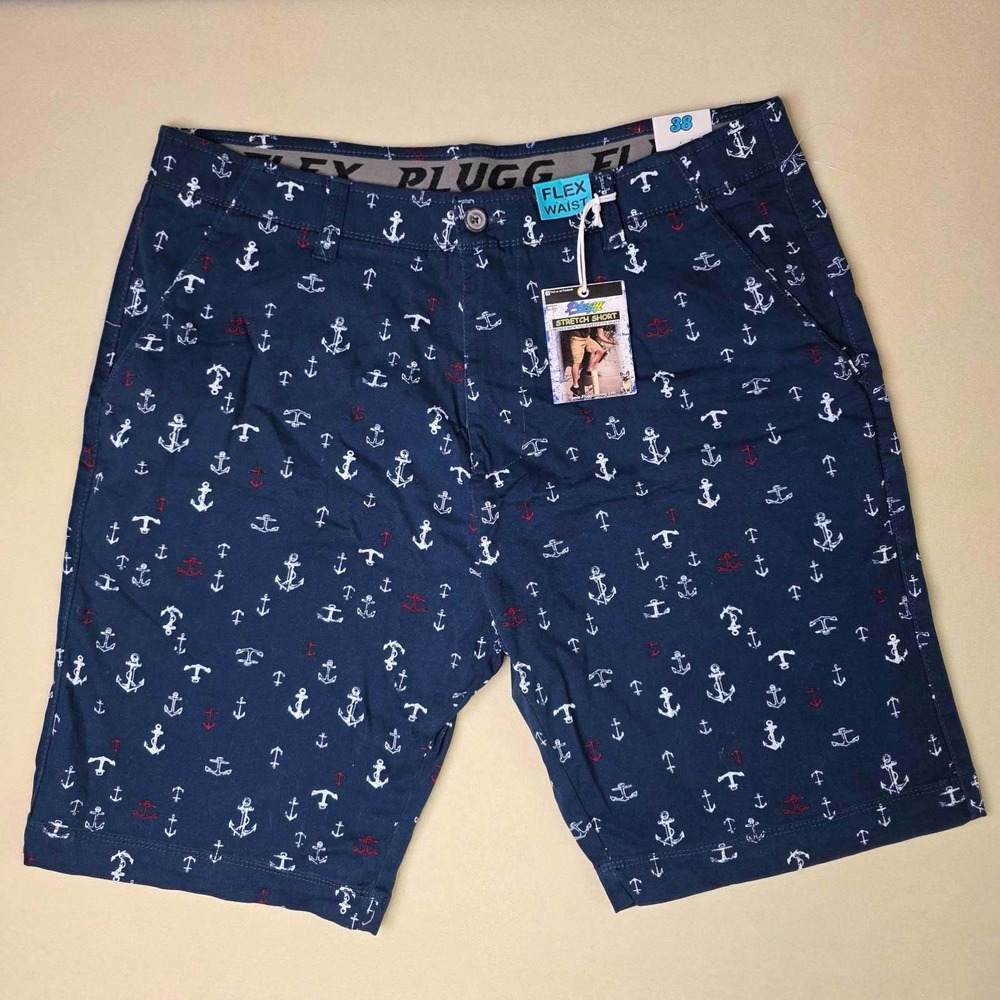 Plugg Shorts Men's 38 Blue Anchor Print Stretch Flex Waist Navy Nautical Boat